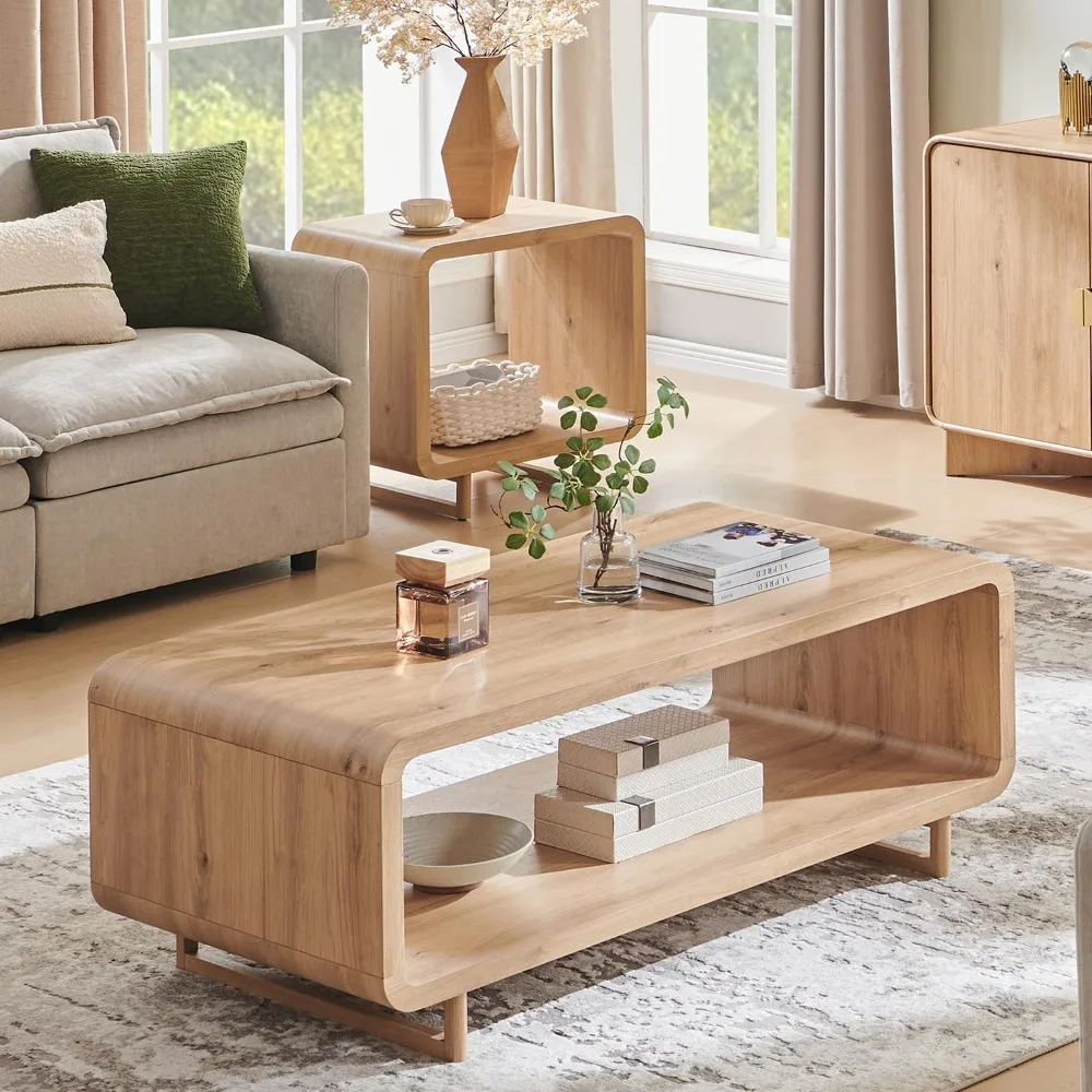 48 طاولة قهوة حديثة، طاولة مركزية بسيطة مكونة من طابقين مع رف تخزين، تصميم كفاف منحني، غرفة معيشة خشبية مستطيلة
