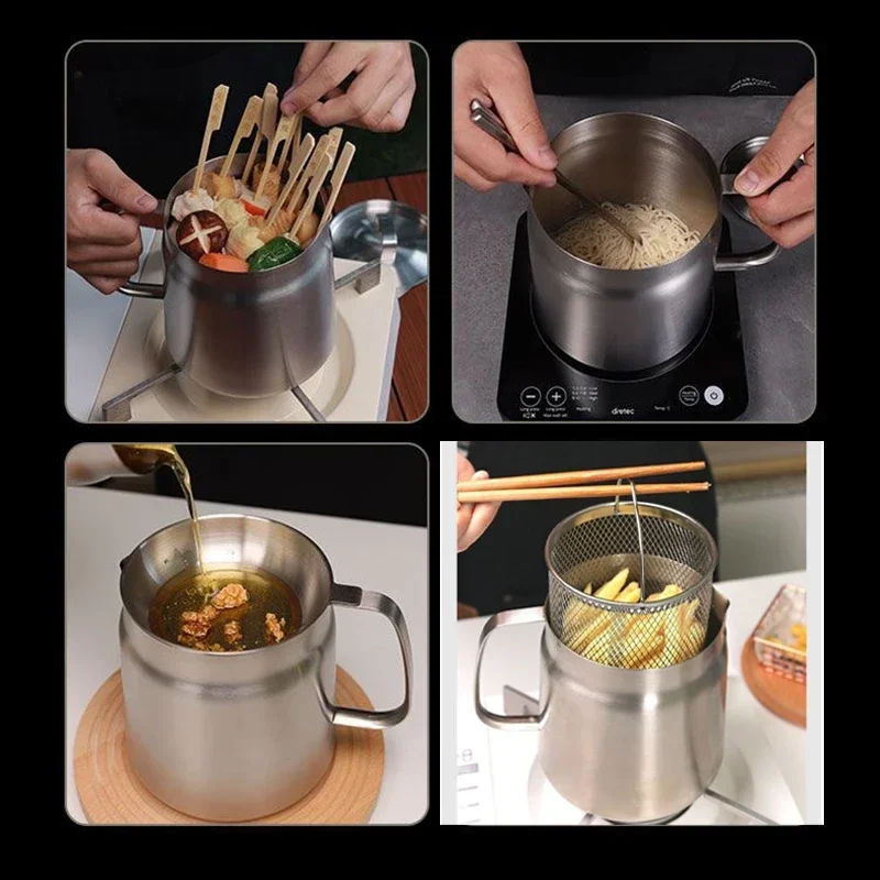 CHKJ 2L Multifunction Oil Filter Deep Fryer Frying Pan Heating Oil Pot Stainless Steel Fry Basket Oil Jug Food Container view 3