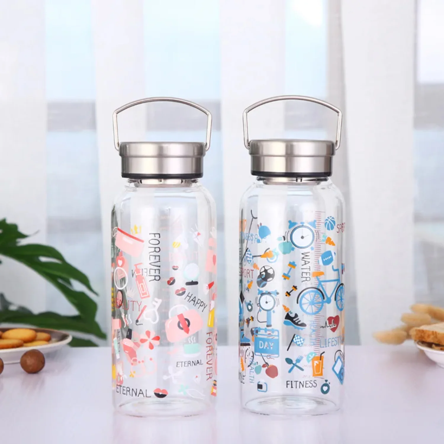 1000ml Large Glass Water Bottle Doodle Personality Drinkware High Temperature Resistant Glass Tumbler Cup Handle Tour Portable