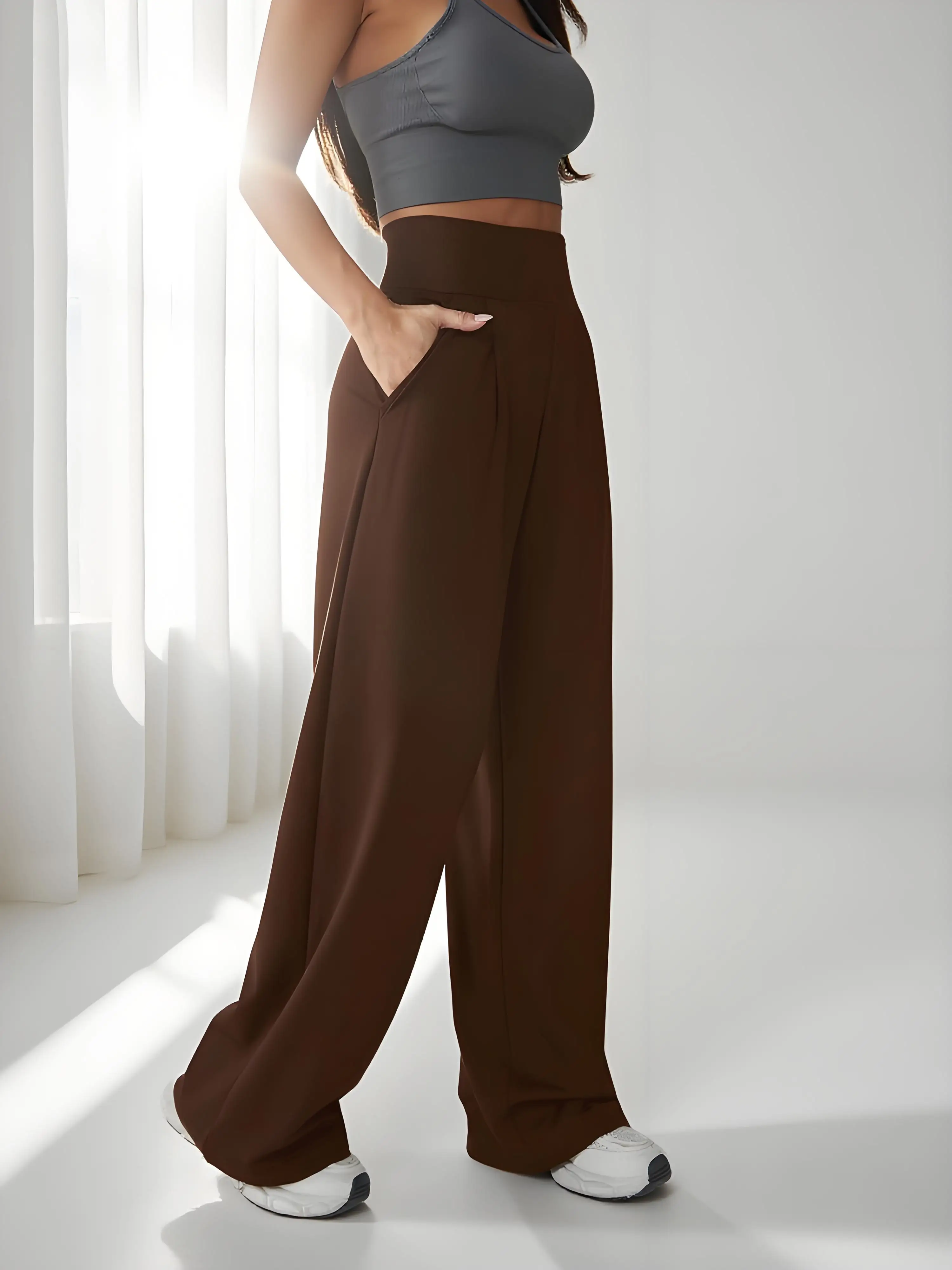 العصرية الشتاء الصوف مبطن واسعة الساق السراويل ث/جيب عالية الخصر السراويل الدافئة المرأة السراويل/الملابس السراويل واسعة ملابس امرأة