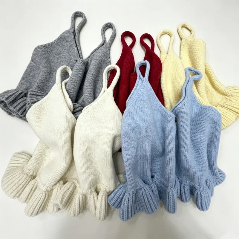 Korean‑Style Elegant Sleeveless Camis Women Camisole Wool Knit 2026 Autumn Winter Ruffle‑Trimmed Unique Niche Tank Top