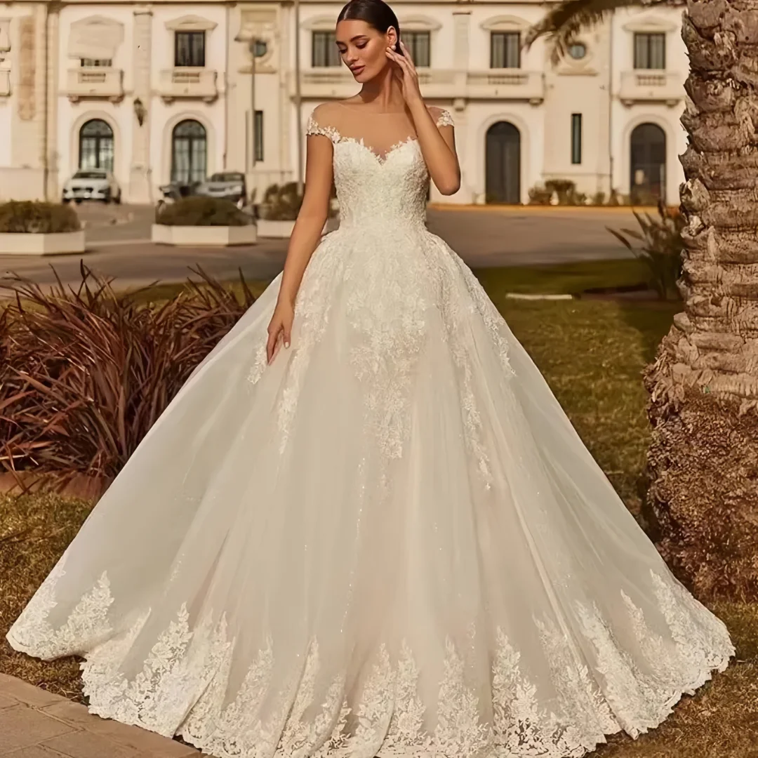 Customized Luxury  O-Neck Full Sleeve Embroidery Appliques Bridal Ball Gown Party Wedding Dresse  Vestidos De Novia