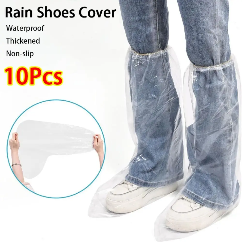 10Pcs Waterproof Rain Shoes Cover Thickened Transparent Disposable Shoe Cover Non-slip Wear-resistant Long Boot Covers Outdoor