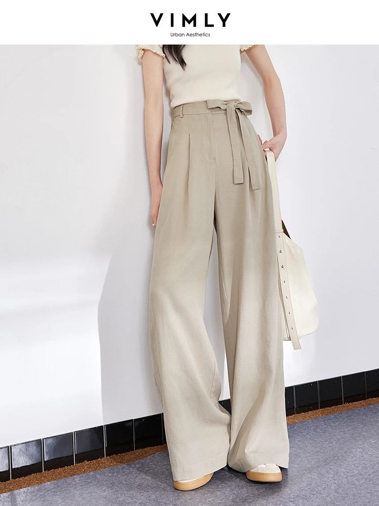 

VIMLY Women's Linen Business Commuter Wide Leg Pants Summer New Loose Slim Draped Versatile Pants With Lace-up For Waist