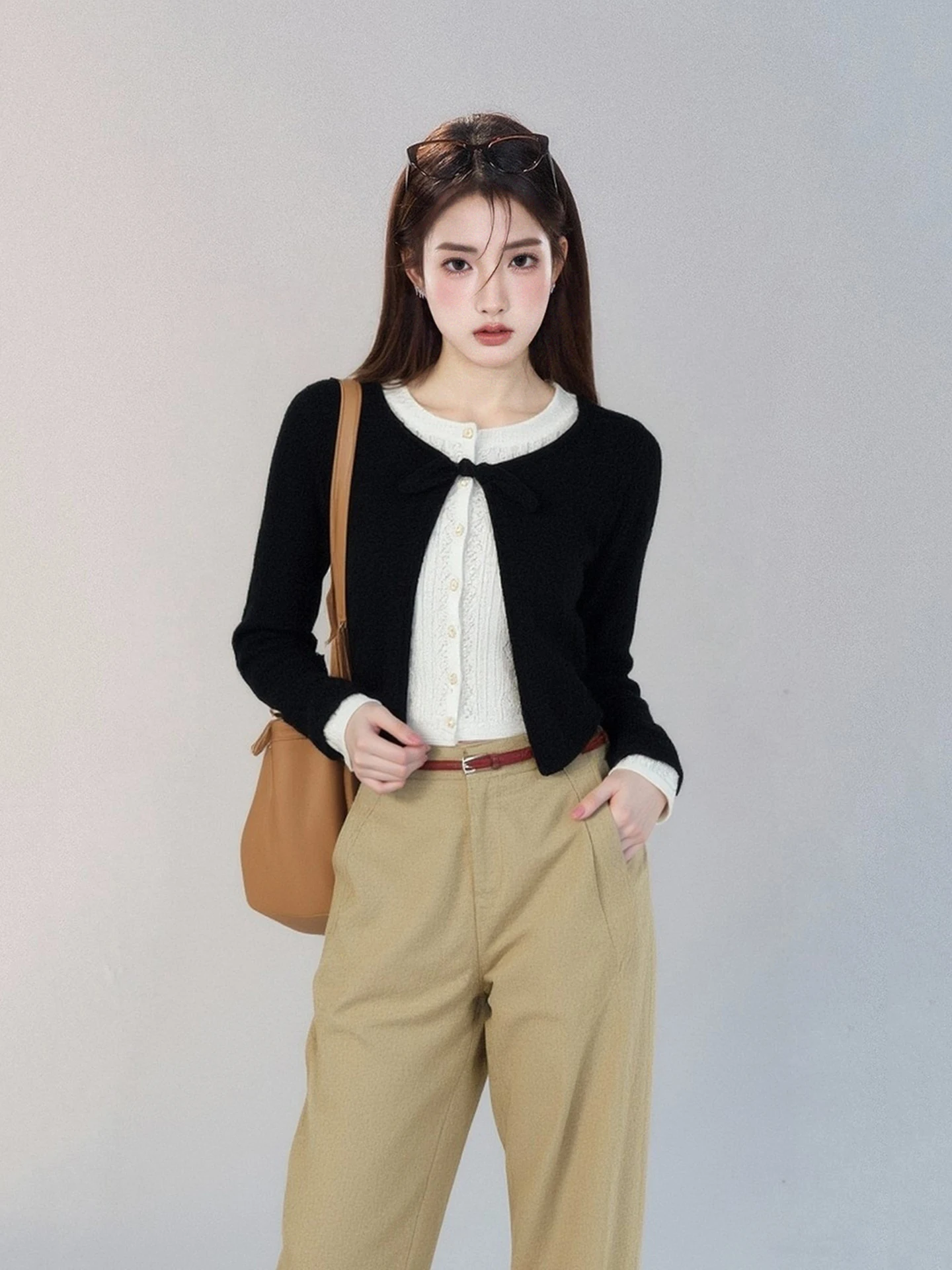 

LIXIAOWAN Spring Knitted Open Cardigan Women's Ele Waist-Cut Sle Padded Vest Korean Sle Medium Softn Long Sve