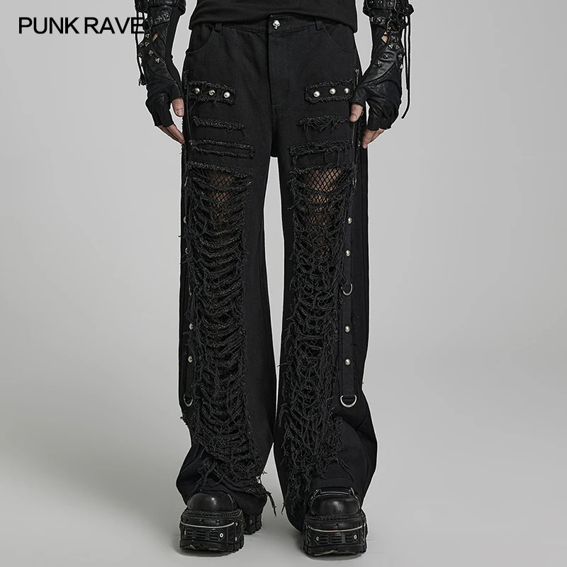 

PUNK RAVE Men's Steampunk Doomsday Ripped Twill Denim Pants Personality Punk Casual Handsome Loose Black Men Trousers