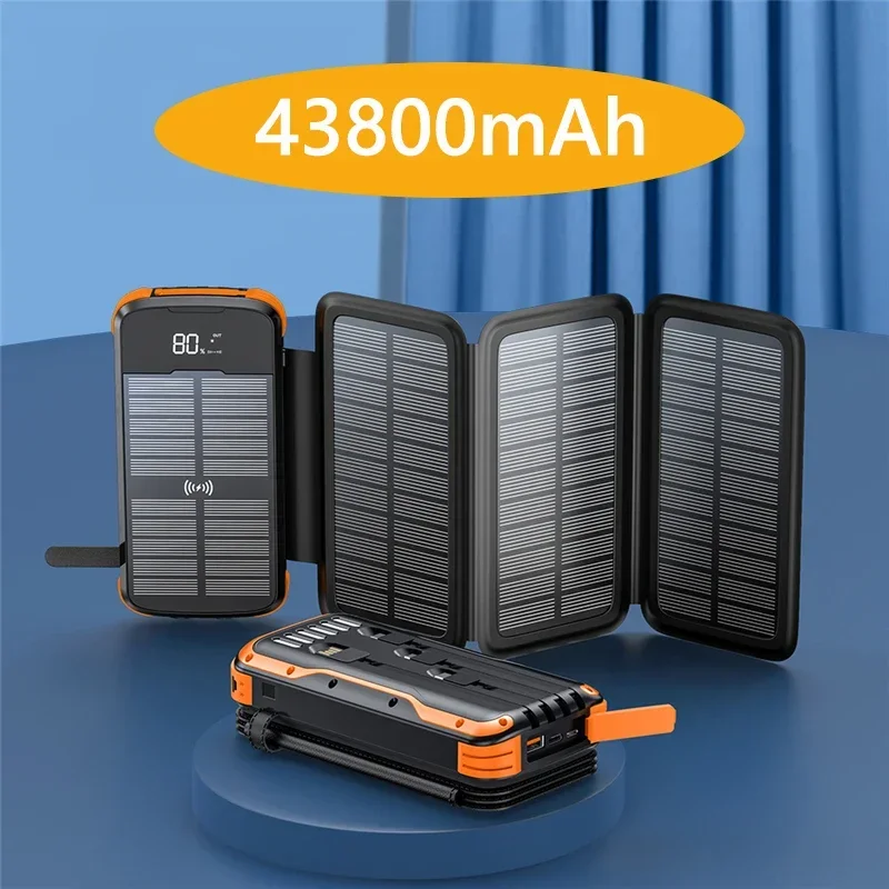 Solar Power Bank 43800mAh 10W Wireless Charging PD 20W Fast Charger Powerbank Built in Cable for iPhone 16 Samsung S24 Poverbank