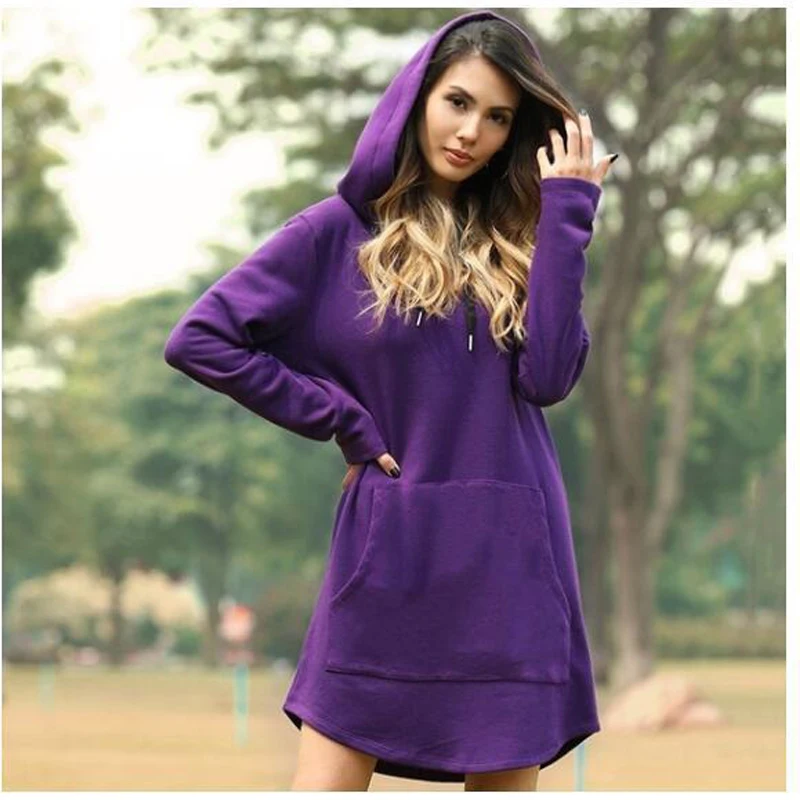 Hoodies Dress Women Autumn Solid Hooded Coat Casual Loose Pullover Sweatshirt Hoodie Dress