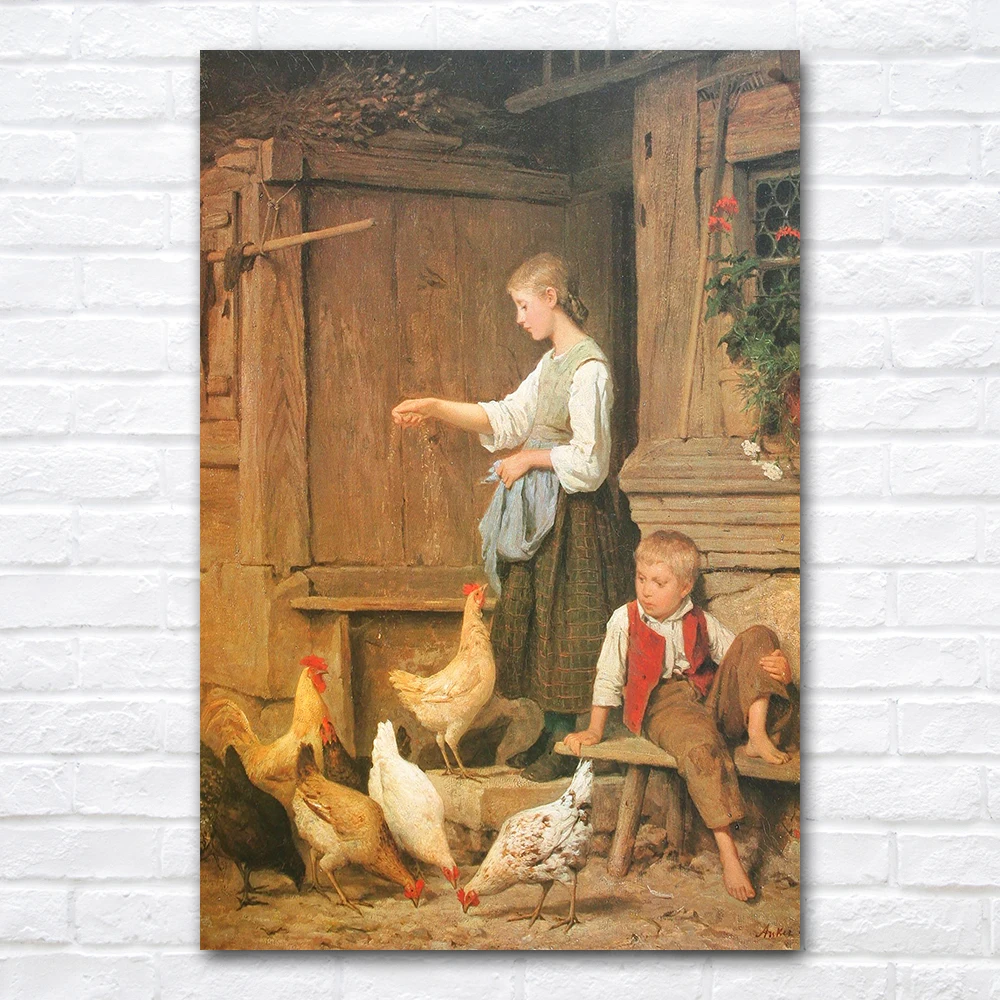 Feeding Chickens Canvas Painting 19th Century Classical Wall Art Home Decor Prints Illustration Room Decoration Accessories