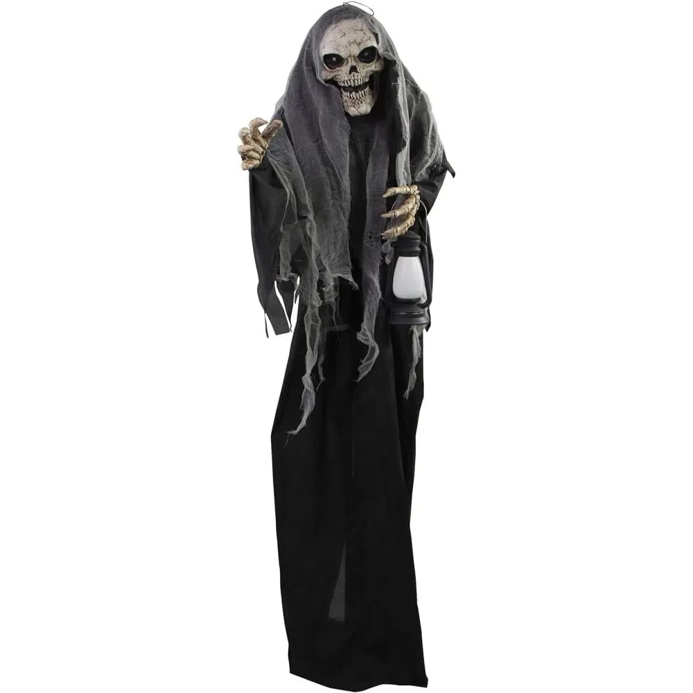 

Life-Size Scary Skeleton Reaper Holding Lantern, Halloween Animatronic with Touch Activated Lights and Sound Freight free