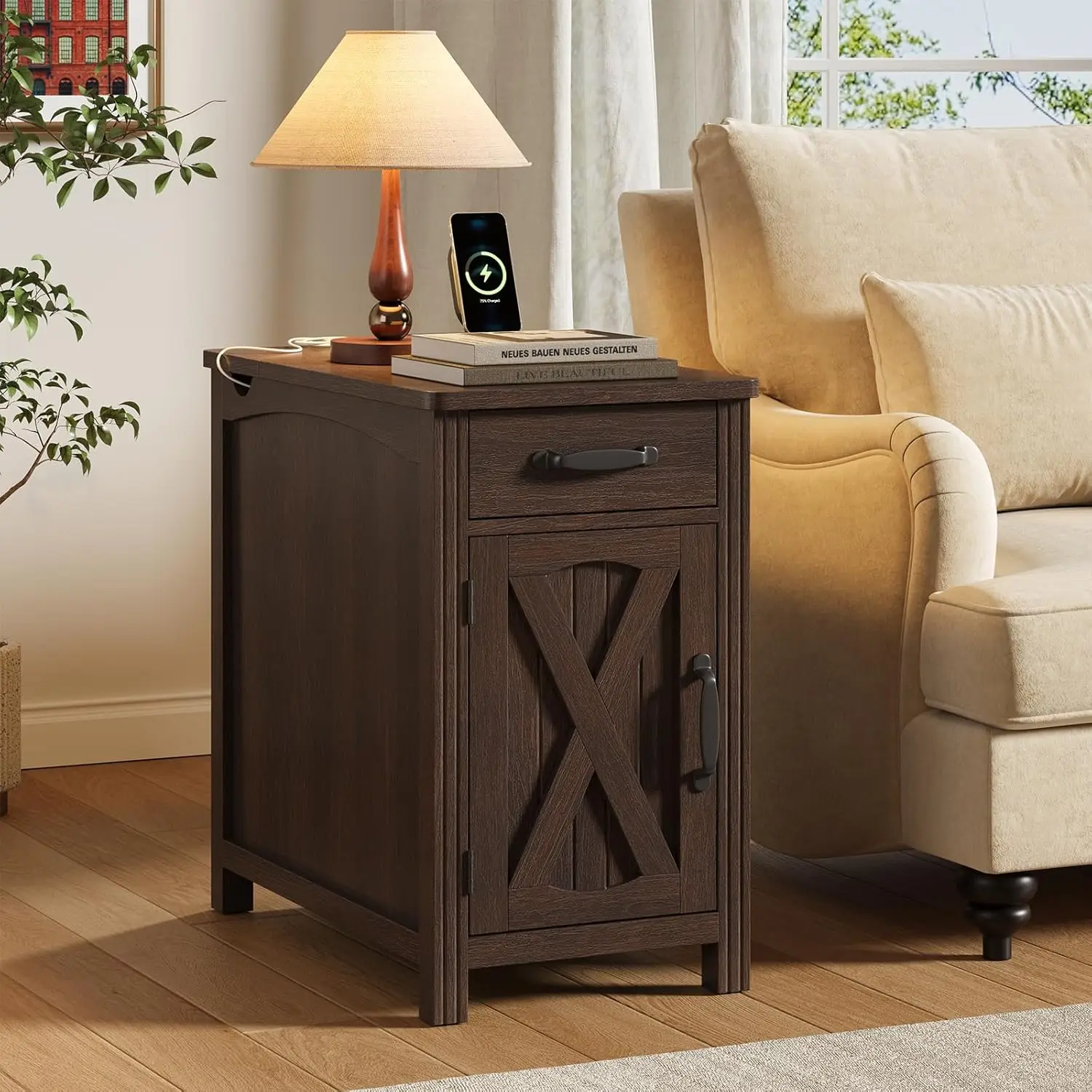 Rustic Red Farmhouse End Table w/USB Ports & Drawer | Barn Door Storage Cabinet, 23.5" Narrow Bedside Desk for Living Room