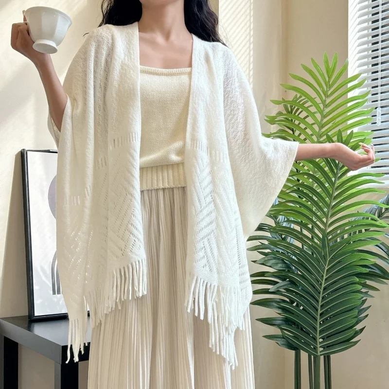 

New Casual Women Shawl Fashionable Poncho Cotton Knitted Sweater Hollow Tassel Plus Size Pullover Woman Oversized Cover up