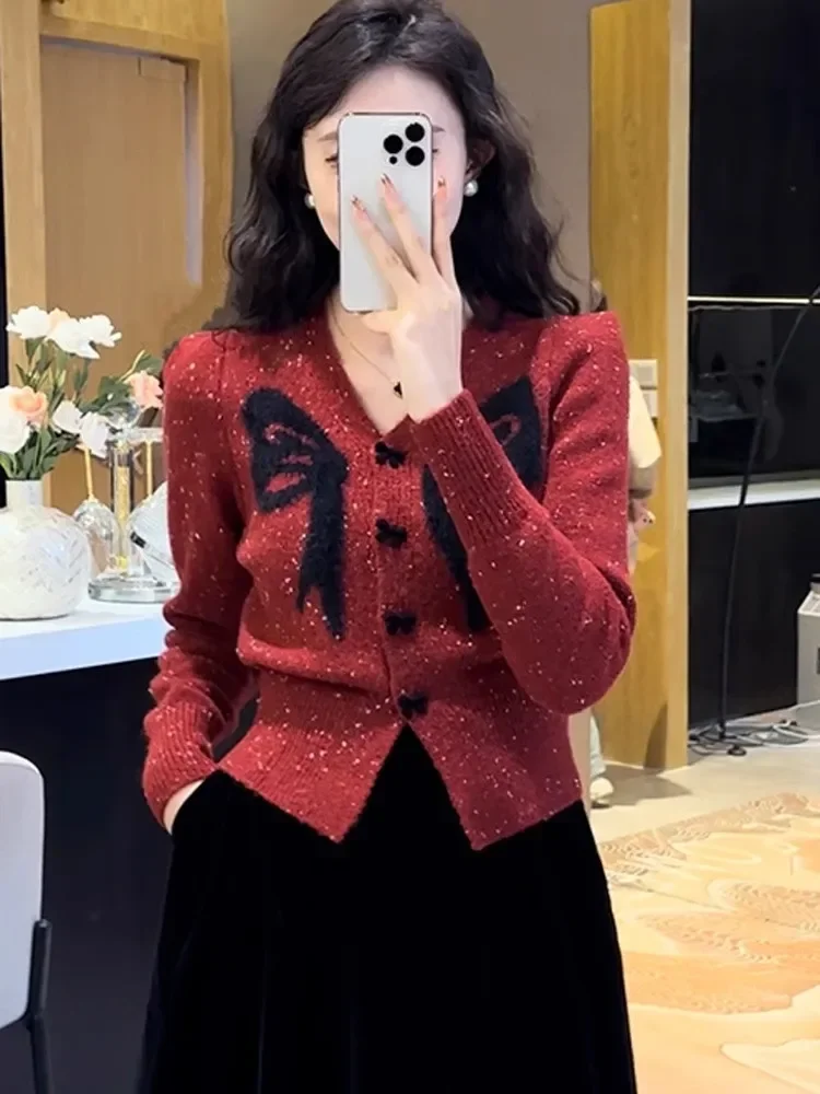 Black Red Pink Sweet Bow Knitted Cardigan Women New Fall Fashion V-neck Short Sweater Knitwear Long Sleeve Bottoming Top Coat