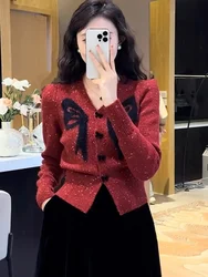 Black Red Pink Sweet Bow Knitted Cardigan Women New Fall Fashion V-neck Short Sweater Knitwear Long Sleeve Bottoming Top Coat