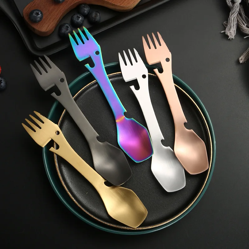 Multi Function Tableware Spoon Multi Tool Can Opener Flatware Portable Bottle Cutlery Multitool Camp Utensil Fork Spork Stainles