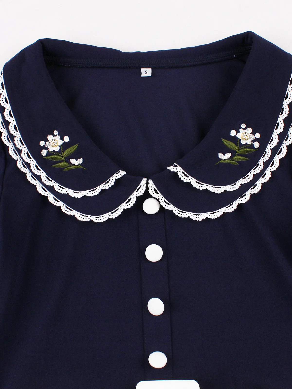 Tonval Spitzenbesatz bestickter Peter-Pan-Kragen Vintage 1950er-Jahre-Partykleidung für Frauen Knöpfe vorne mit Gürtel Midi-Swing-Kleider – Detail 15