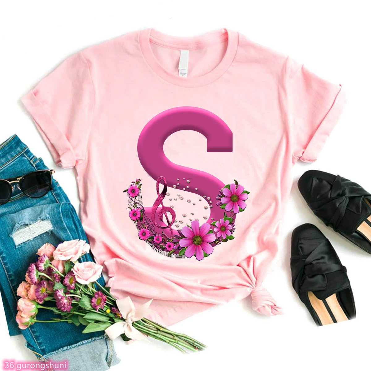 

Music Flower 26 Letters Print T-Shirt Femme Alphabet With Pink Flower Graphic Tee Casual Short Sleeve Pink Y2k Top Women Clothes