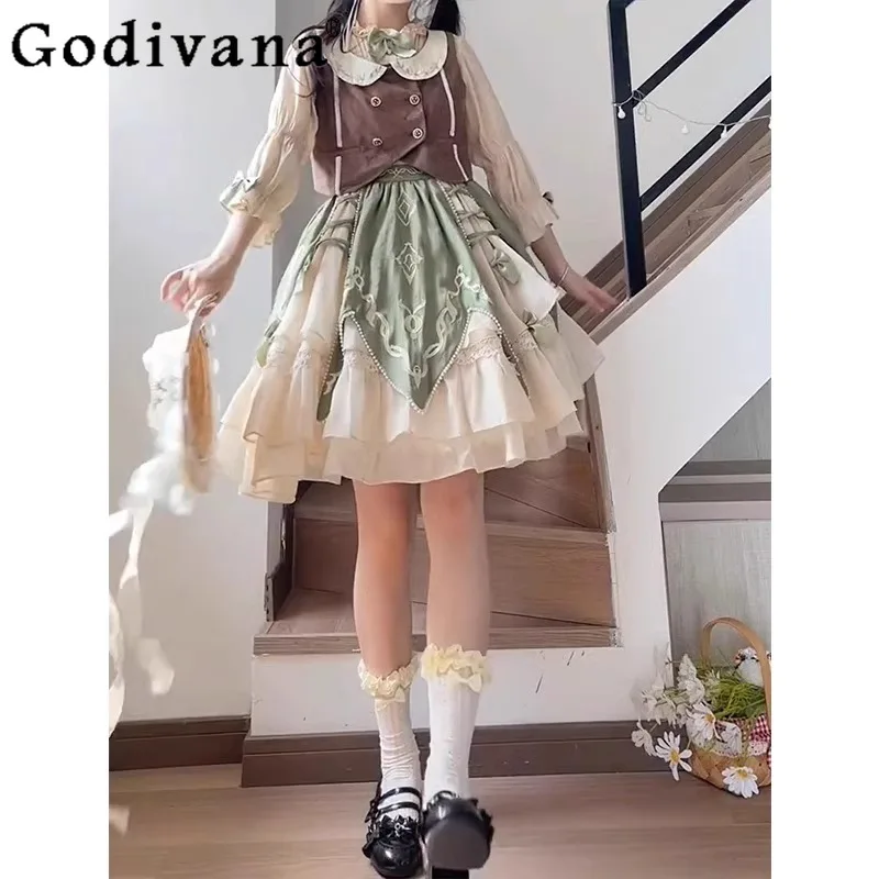 Conjunto de falda y camisa estilo muñeca Vintage verde para mujer, traje de falda dulce de princesa de estilo japonés, trajes de Lolita de calle alta para mujer