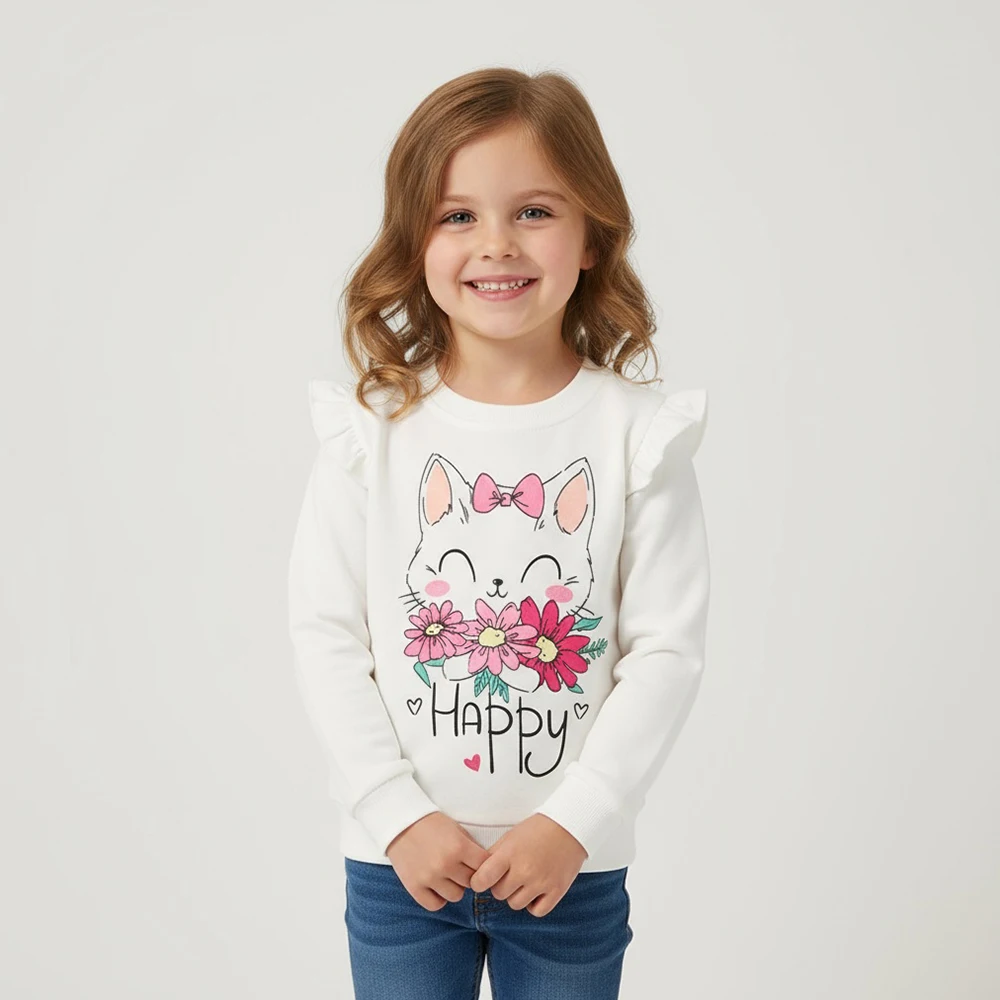 

Girls Autumn Sport Sweatshirt, Long Sleeve Cartoon Cat Print Pullover, Cute Casual Sweatshirts for Spring & Fall, Kids 3-8 Y