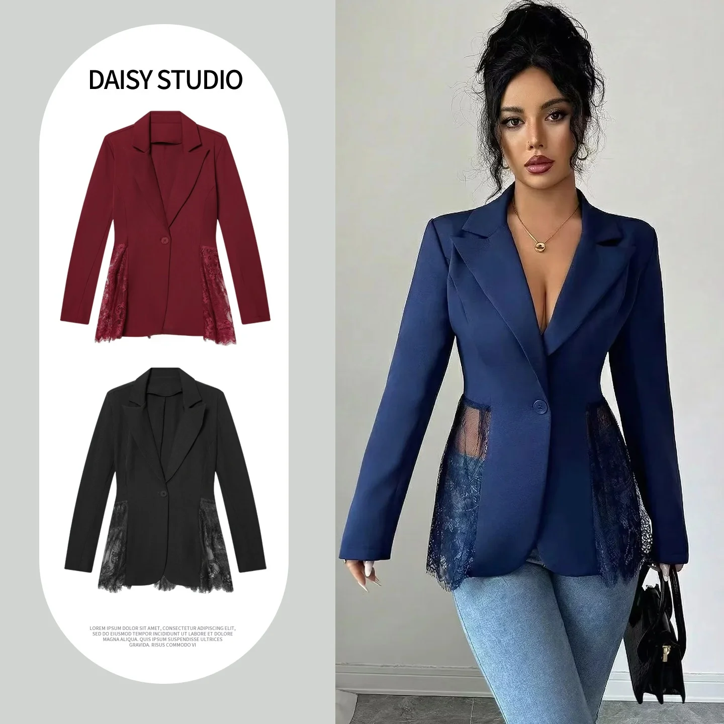 

Spring New Women's Commuter Sle Slim Fit Long Sve Collar One Button Lace Splicing Suit Jaet Faionable Busin Outer...