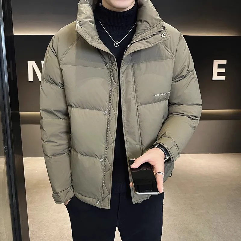 

New 2025 Men's Lightweight Thiened White Du down Jaet Faionable Stand Collar Windproof Warm Outerwear Polyester Fabric