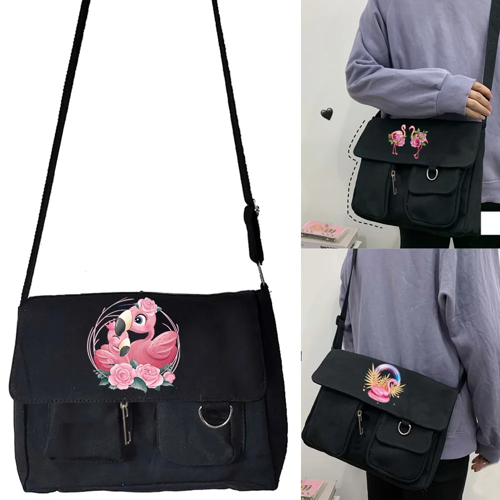 Women Canvas Shoulder Bags Youth Fashion Casual Handbag Ladies Large Capacity Crossbody Bag Flamingo Pattern Messenger Bag