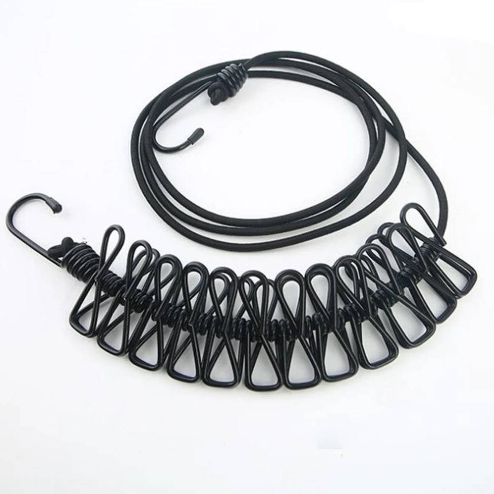 

Elastic Clothesline Lightweight Travel Drying Rope With Hooks Home Outdoor Camping Use Black 1.9M