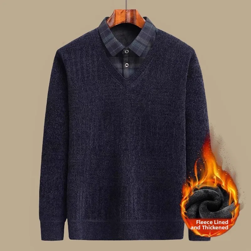 

Thiened Fce Autumn Winter Knitted Sweater Warm Base irt Middle Aged And ly Men's Casual Sle Polyester Fiber Lon...