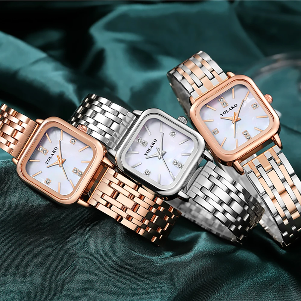 Luxury Brands Women Quartz Watch Fashion Square With Diamonds Seashell Surface Design Gold Coloured Fine Metal Strap Watches