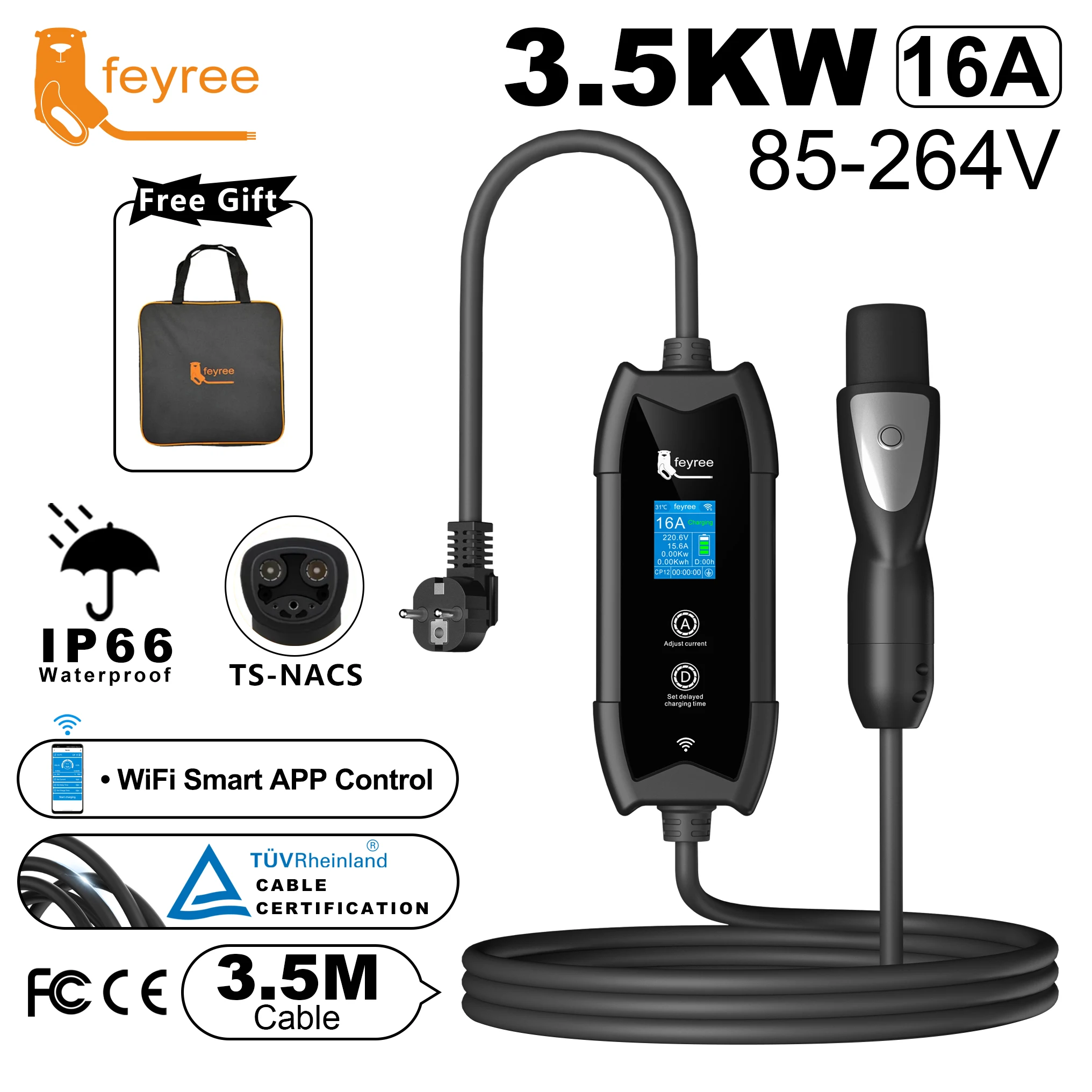 Feyree APP Control16A 3.5KW  EVSE Portable Charging for Tesla Cars Models 3/Y/S/X Set Charge&DelayTime EV Charger TS-NACS Socket