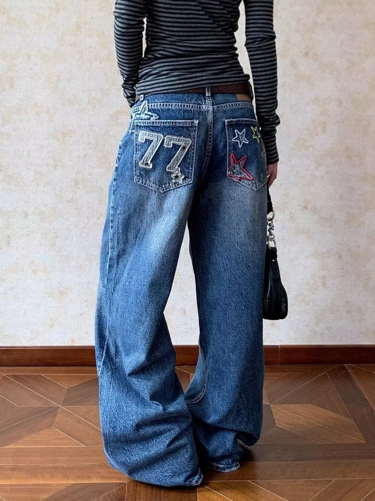 

2025 Ropa Y2K Streetwear Star Embroidery Distressed Blue Baggy Jeans Pants For Women Clothing Lady Denim Trousers Pantalon Femme