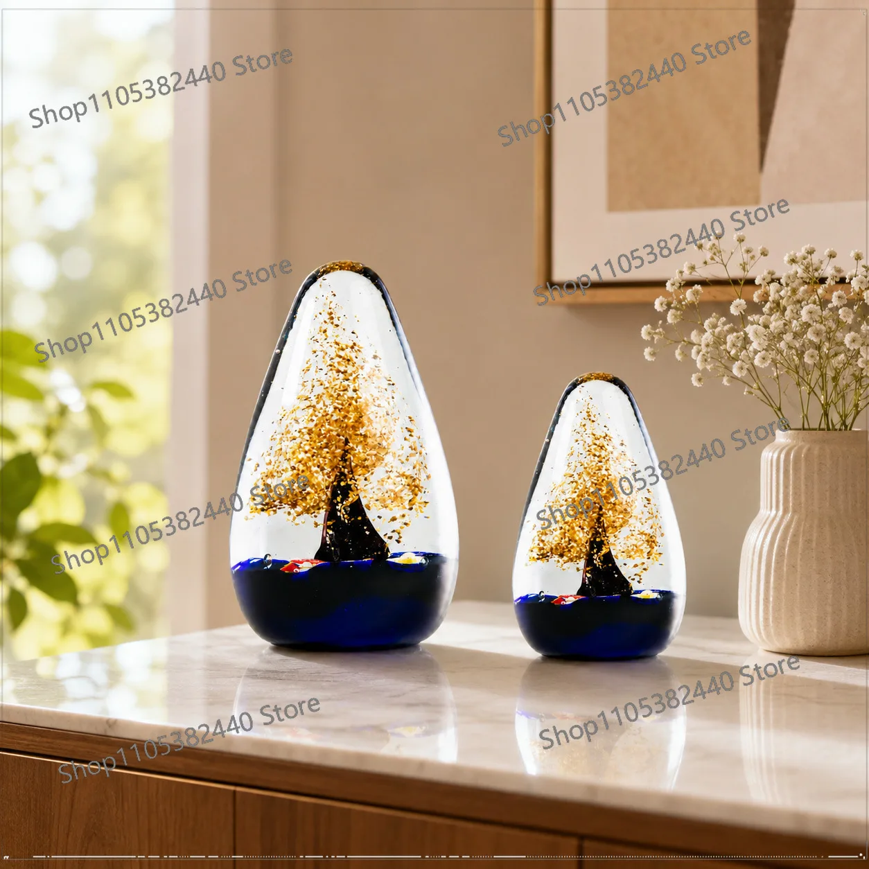 Handmade Liuli Glass Money Tree Figurine, Gold Tree Landscape Ornament, Feng Shui Lucky Decoration for Desk Entryway Home