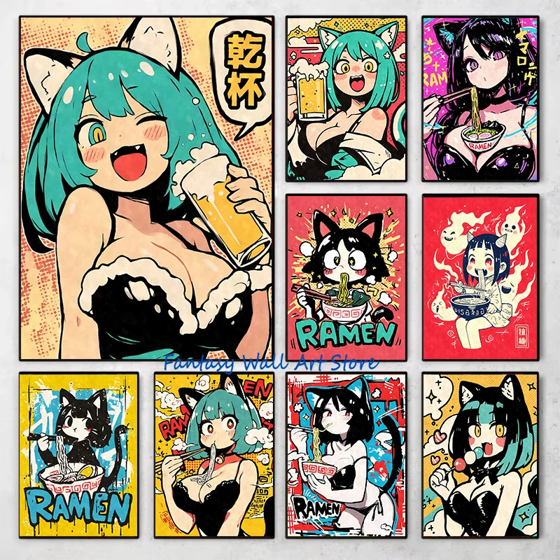 Cat Ear Anime Girl Eating Ramen Poster Aesthetic Anime Ramen Art Prints Japanese Style Cartoon Decor Sexy Girl Canvas Painting