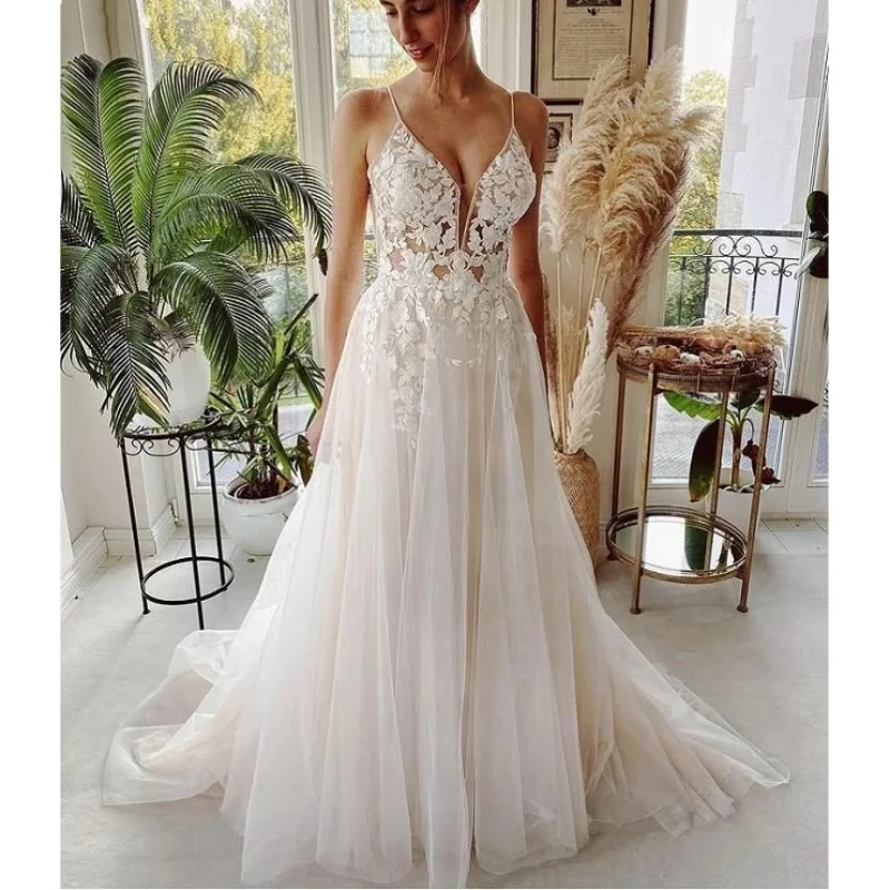 

Wholesale Lace Tulle Wedding Dresses Spaghetti Straps Sexy V-Neck Backless A-Line Vestidos De Novia Court Train