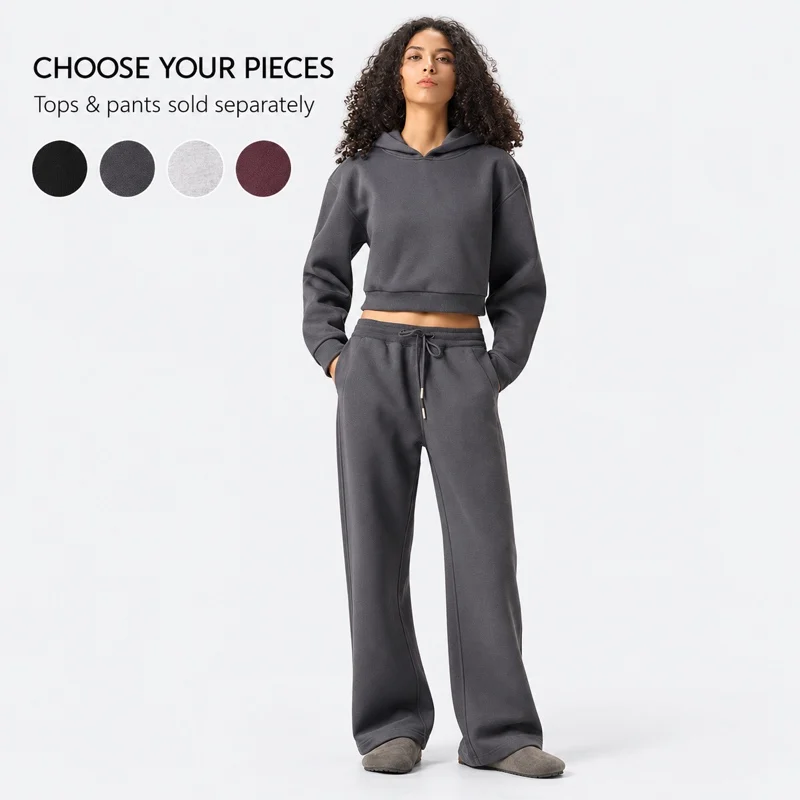 Womens Cotton Blend Hoodie Jacket Pants Separate Pieces Sports Casual Loose Fit Long Sleeve Solid Color Crop Top Sweatpants Set