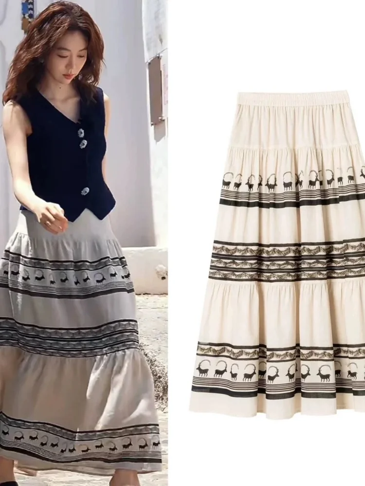 

n Sle f-length A-line Skirt with Zebra Pattern High-waist Slimming Print Design Polyester Fiber Long Skirt
