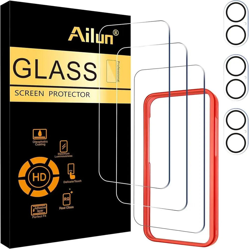 3 Pack Protector or 16 [6.1 inch] + 3 Pack Camera Lens Protector with Installation Case Friendly Tempered Glass Film, 9H Hard, N