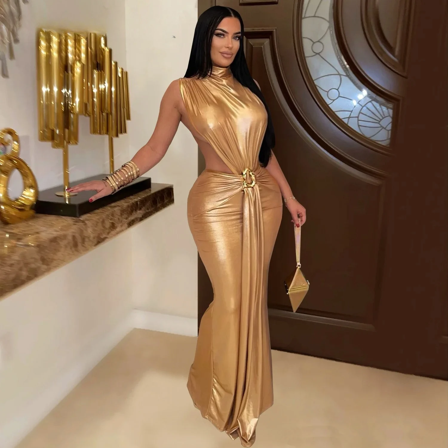 المرأة التذهيب بلا أكمام انقطاع Bodycon ميدي ماكسي فستان طويل 2025 الصيف عطلة الشاطئ حفلة عيد ميلاد فساتين مثيرة