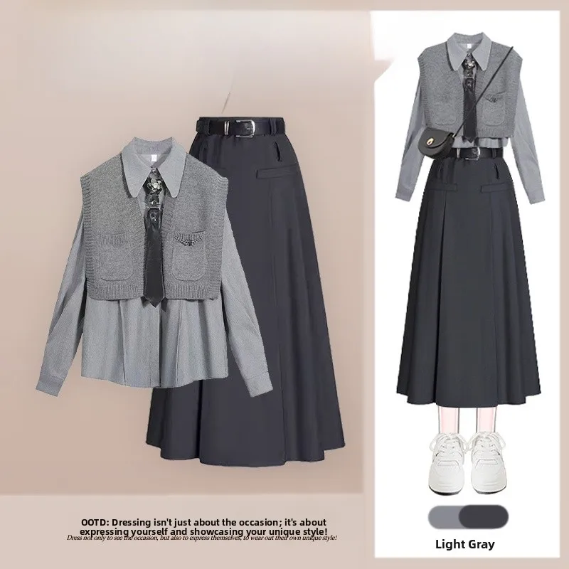 

Faionable Autumn Collar Long Sve irt Vest High Waist Meat Covering f Skirt Set Women's Casual Tee-piece Suit