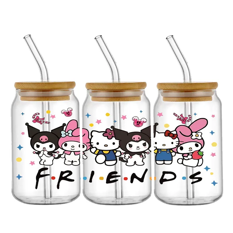 Sanrio stiker Transfer kartun Kuromi Dengan My Melody UV DTF stiker Transfer tahan air untuk 16oz stiker bungkus cangkir kaca