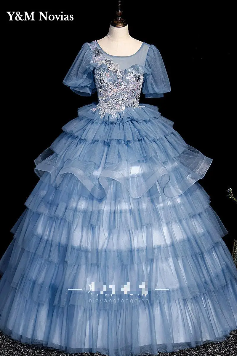 Vestido De quinceañera azul con mangas abullonadas, apliques De cuello redondo, lentejuelas, flores, Princesa, para fiesta, 15 años, 2022