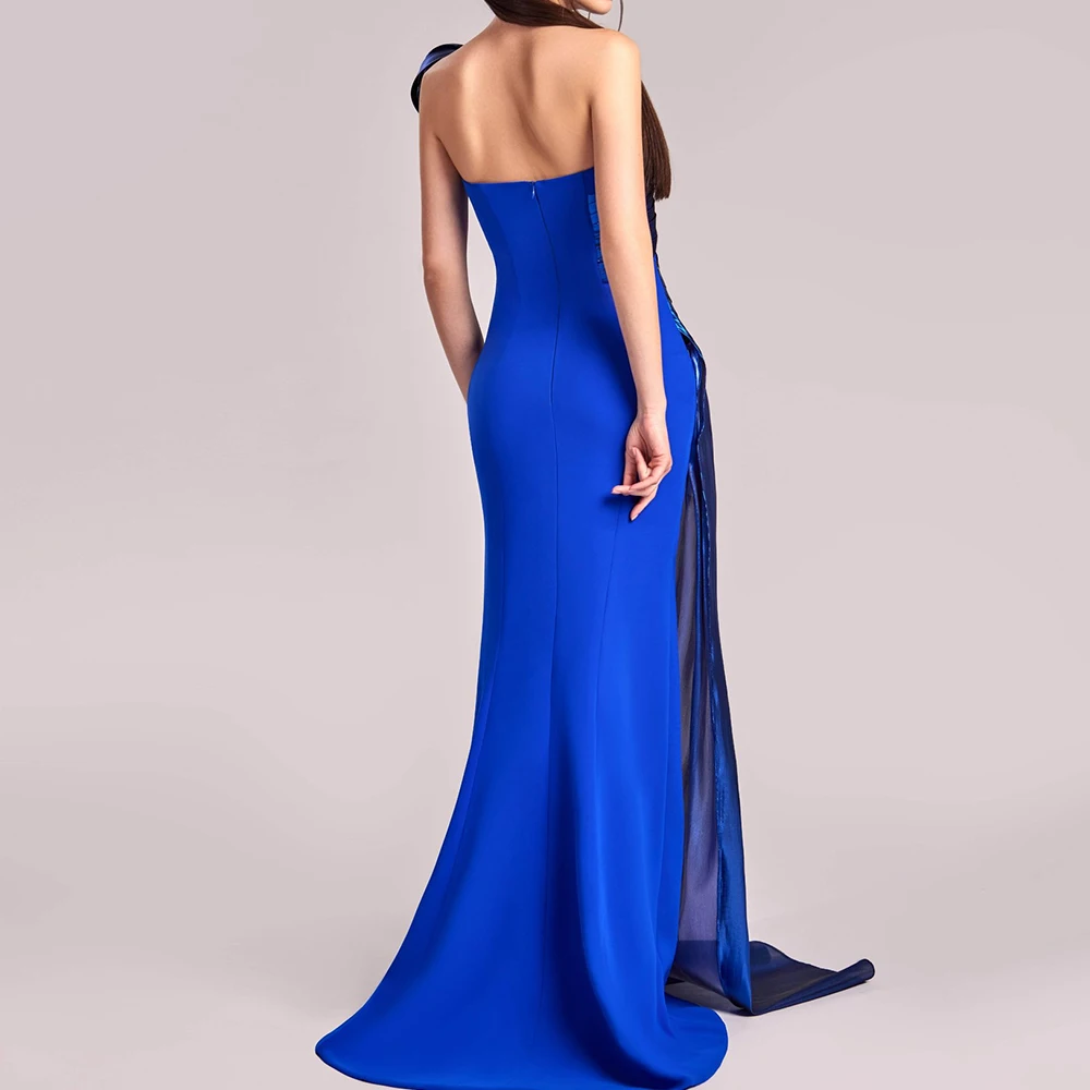 Customized Jersey Straight Strapless Evening Dress Floor Length Side Slit Zipper Back Sleeveless Panel Train Temperament