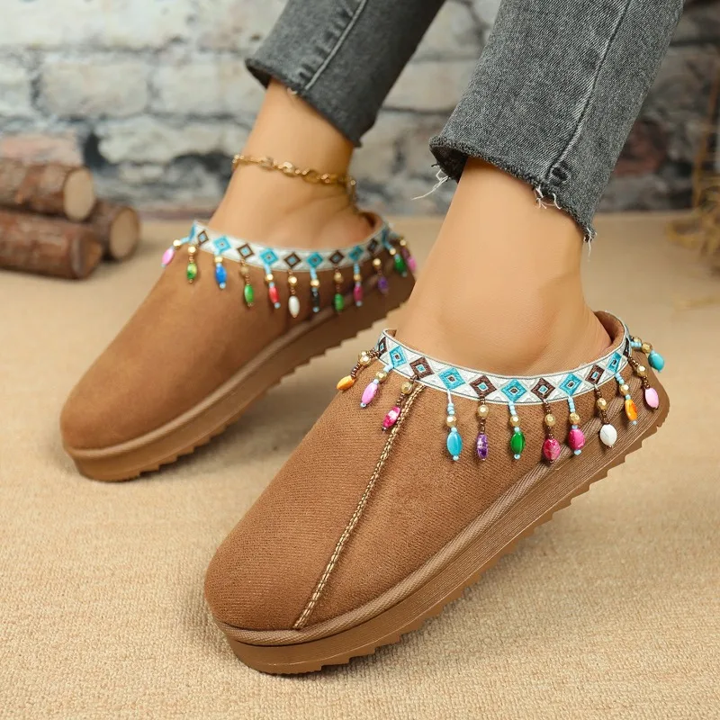 

2025 New Fringed Decoration Cotton Slippers Women Winter Comfort Thick Bottom Non Slippers Warm Short Plush Outdoor Slides