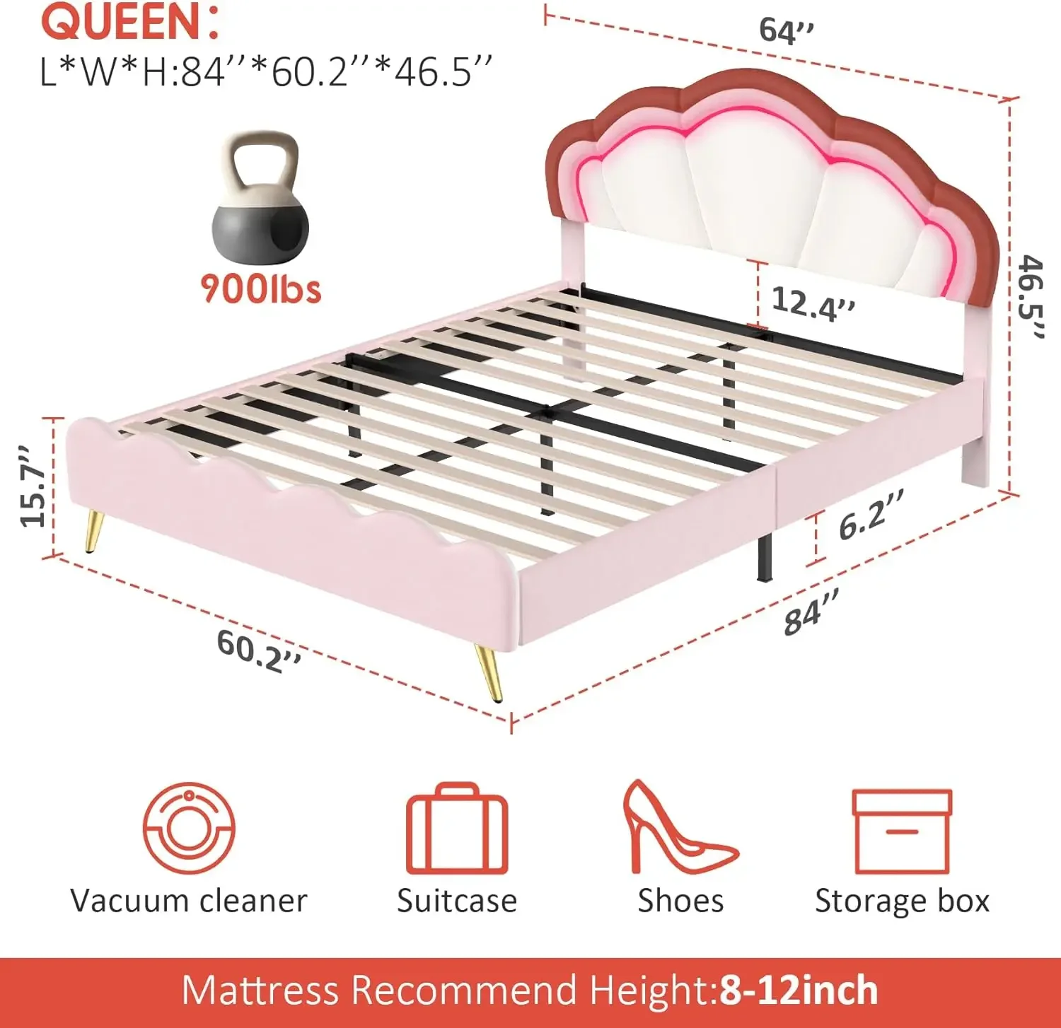 Estrutura de cama LED inteligente estofada com cabeceira ajustável, estrutura de cama plataforma queen size com suporte de ripas de madeira, sem caixa de mola