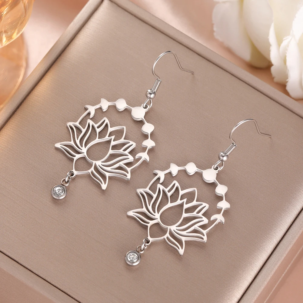 Dawapara Mondphase Lotusblume baumelnde Ohrringe Bohemian klar Zirkon Lotus Yoga spiritueller Schmuck Edelstahl Ohrringe – Detail 13