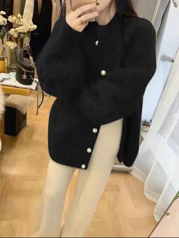 Luxury High-end Lazy Fluffy Jacket Autumn Winter Knitted Cardigan Sweater Long Sleeve Tops Design Faux Mink Pearl Button Jumper