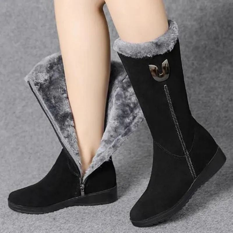 Luxury Designer Womens Shoes Fashion Women Warm Chelsea High Fur Women Boots Mid-calf Plush Snow Flat Boots Zapatos Para Mujeres