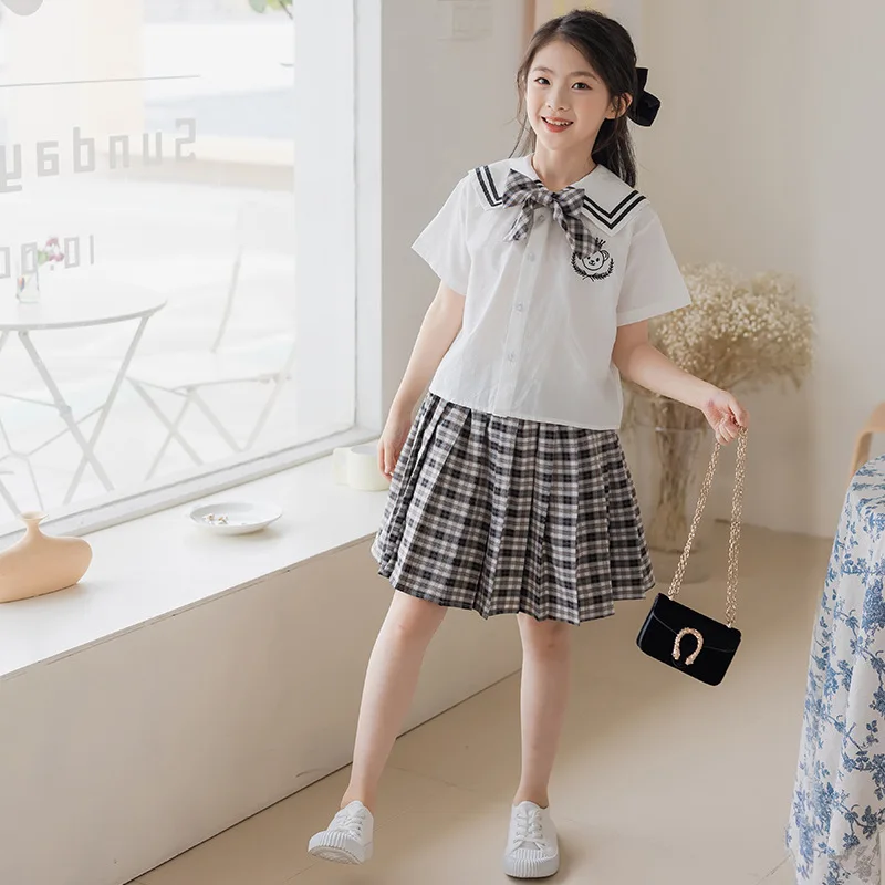 Korean Summer Children Girl 2PCS Clothes Set School Girl Bowknot Navy Collar T-shirt+Plaid Pleated Skirt Kids Academy Style Suit