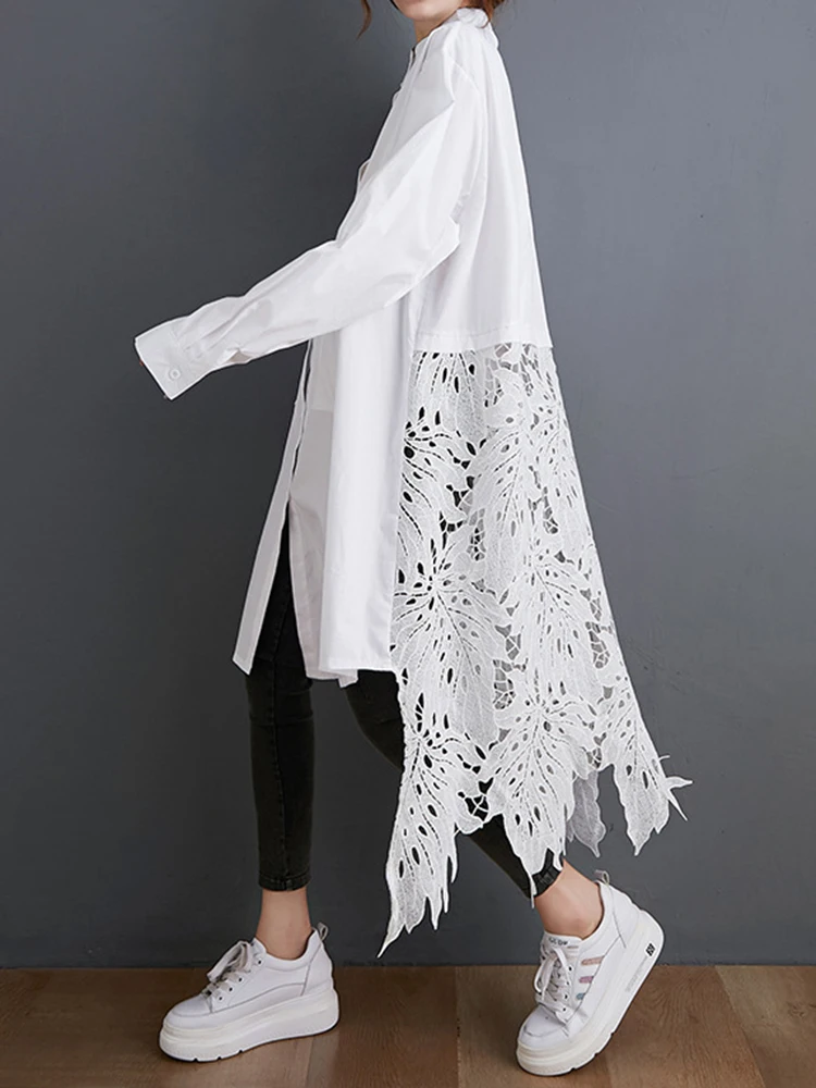 [EAM] Women Black Back Lace Big Size Long Blouse New Stand Collar Long Sleeve Shirt Fashion Tide Spring Autumn 2024 1DH5873