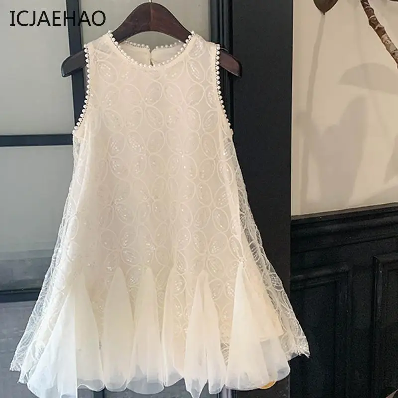 

ICJAEHAO 2024 New Sleeveless Solid Girls Dress Sequin Princess Outfit Beading A-Line Fashion Vestidos Tulle Children Clothing